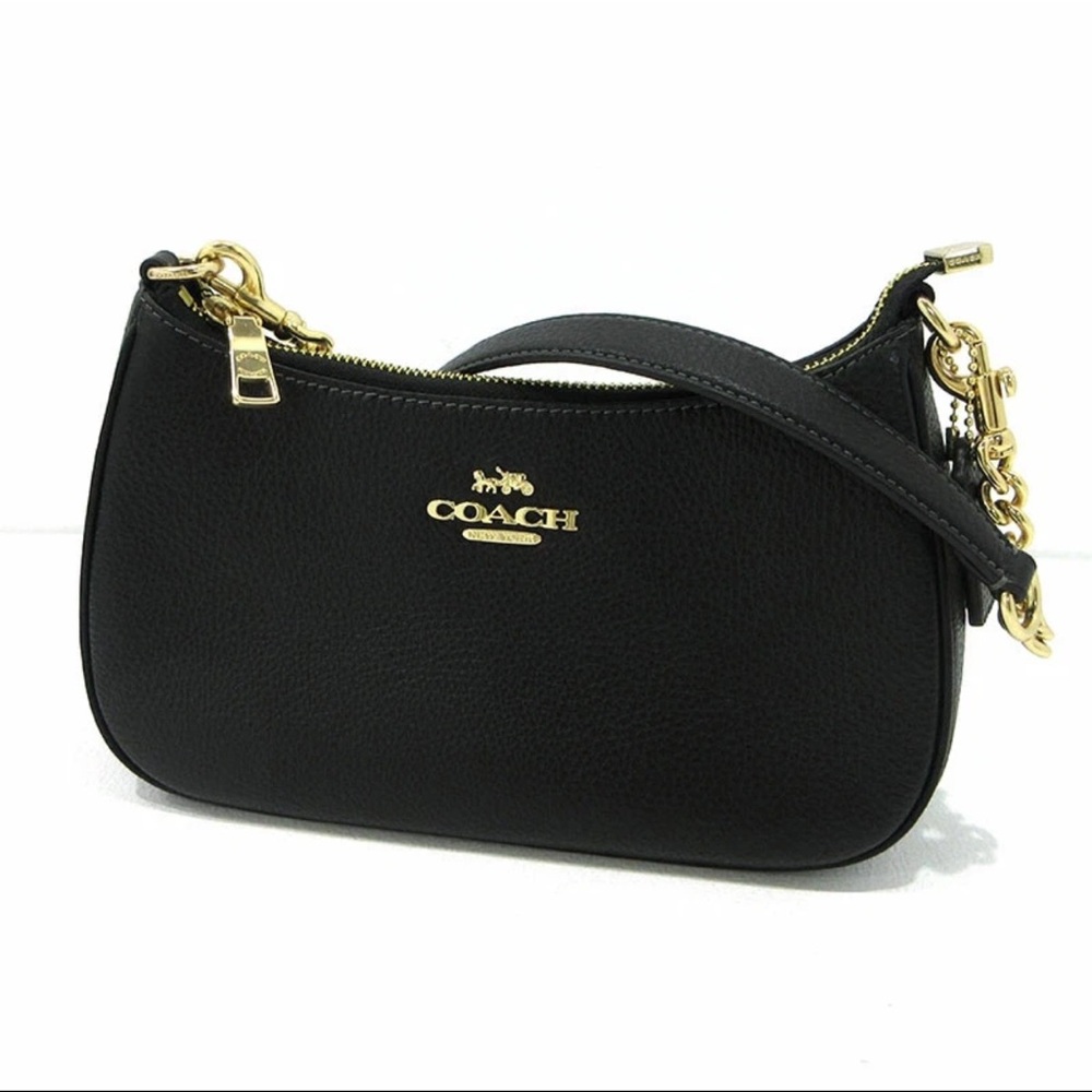 Coach Black Leather Shoulder Bag with Gold Accents